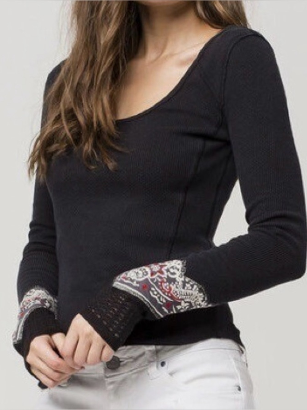 Free People Black Bandana Scoop Neck Thermal Long Sleeve Cuff Shirt, Size XS